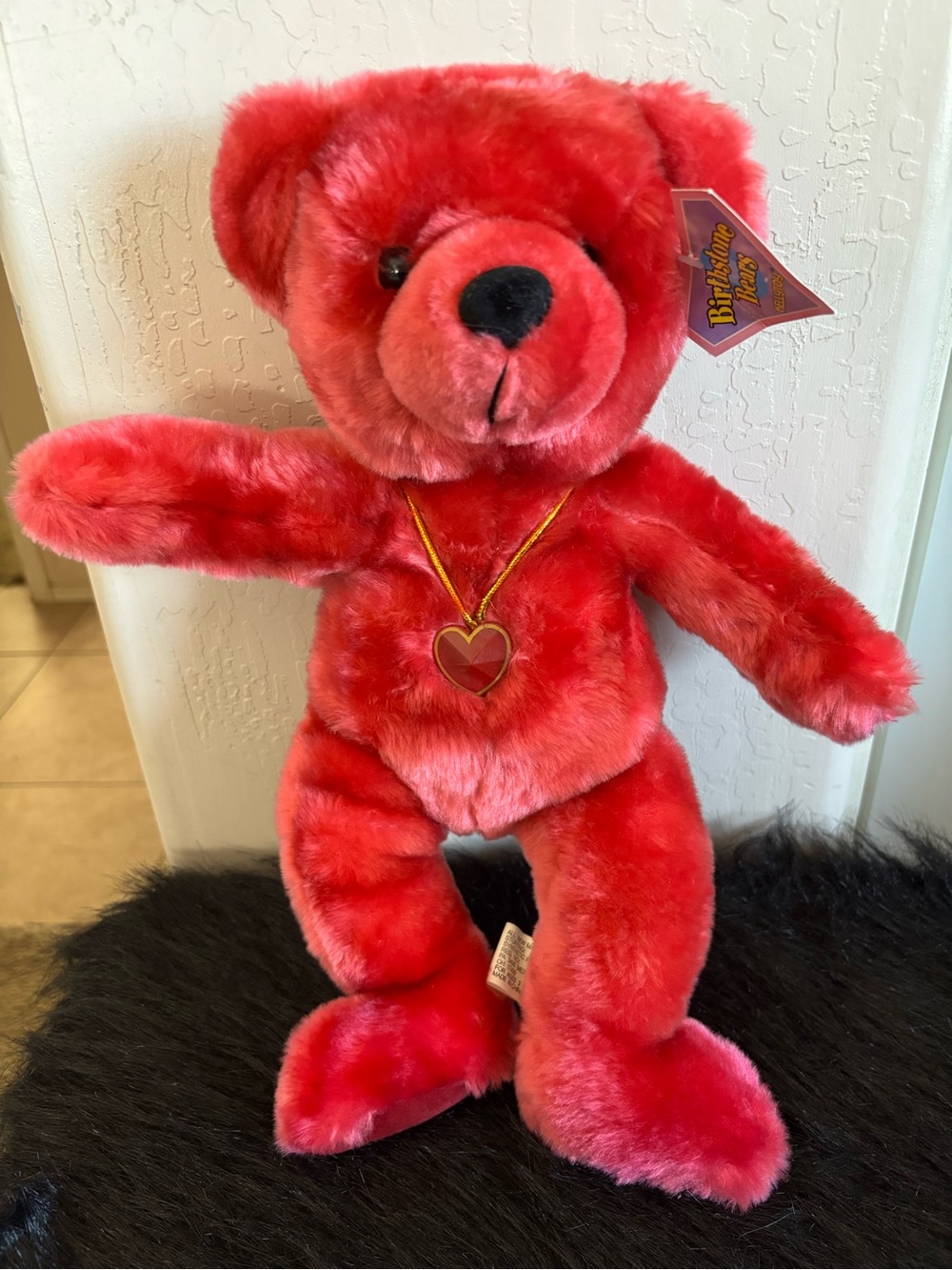NWT KellyToy Birthstone Bright Red Plush Teddy Bear with Heart Necklace